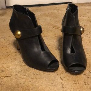 Black open toe open front heels